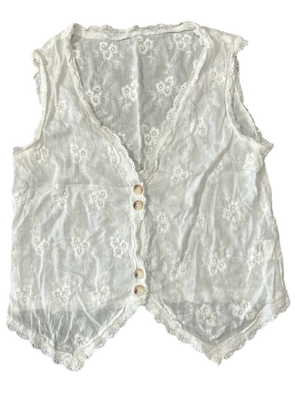 SHEIN White Lace Embroidered Sleeveless Button-Front blouse Sz S